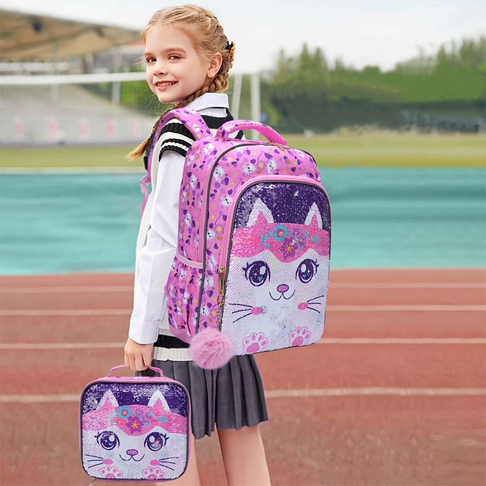 3pcs backpack girls cute cartoon kitty sequin design bookbag