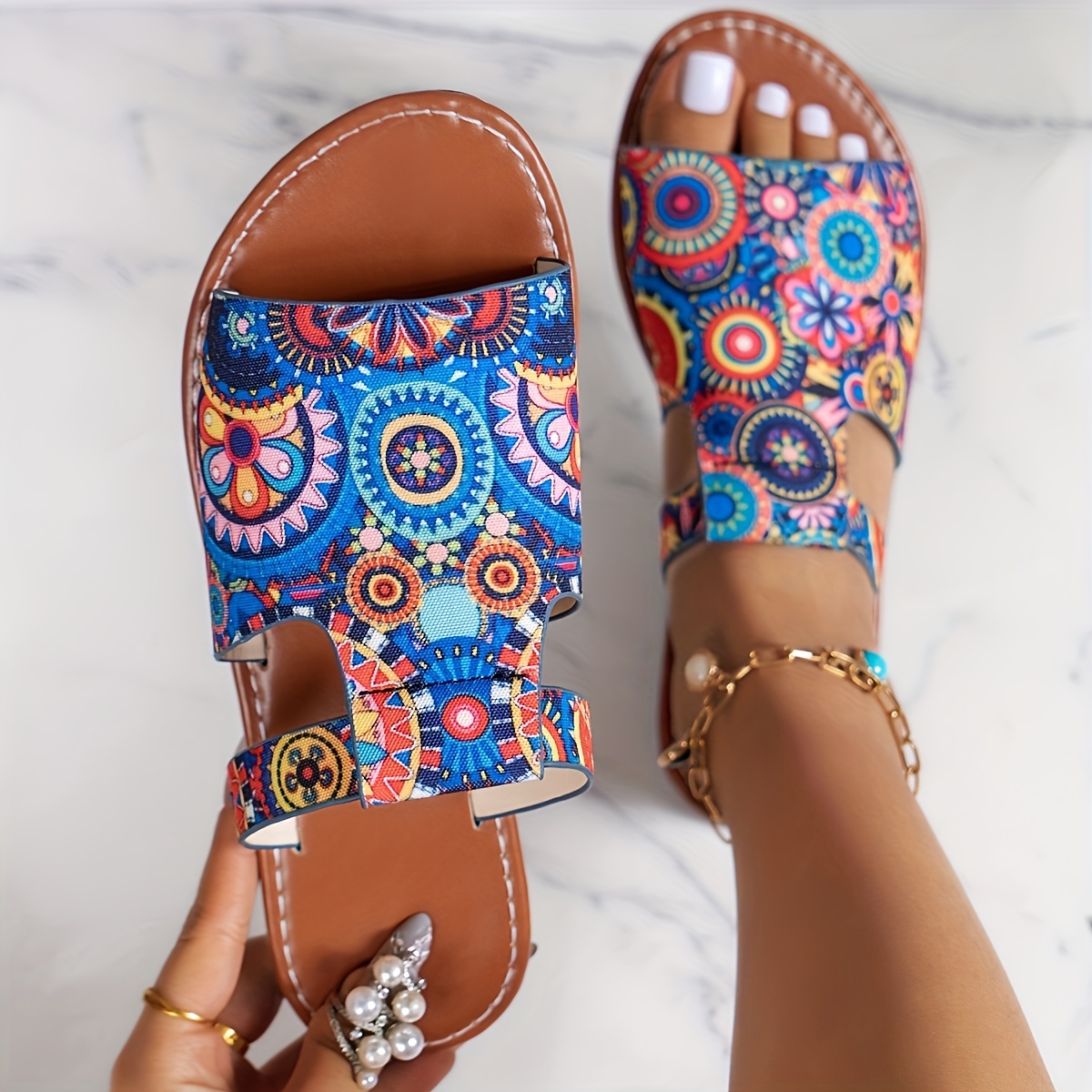 

Women's Flower Print Slide Sandals, Casual Open Toe Flat Summer Shoes, Lightweight Slide Sandals