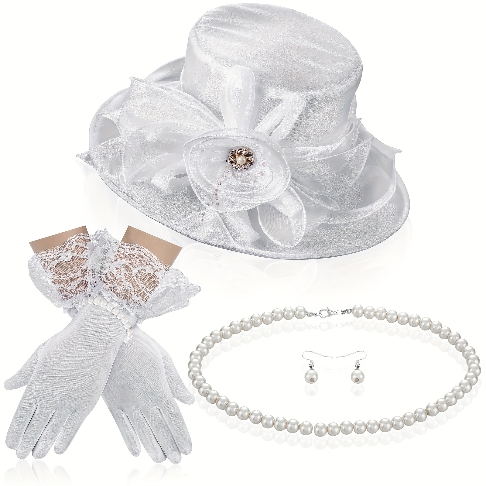 9651 2pcs Fascinators Hats For Women Tea Party Hat And Glovess Set SWEETV Tea Party Hat and Short Lace Gloves Set Fascinators  main image 4