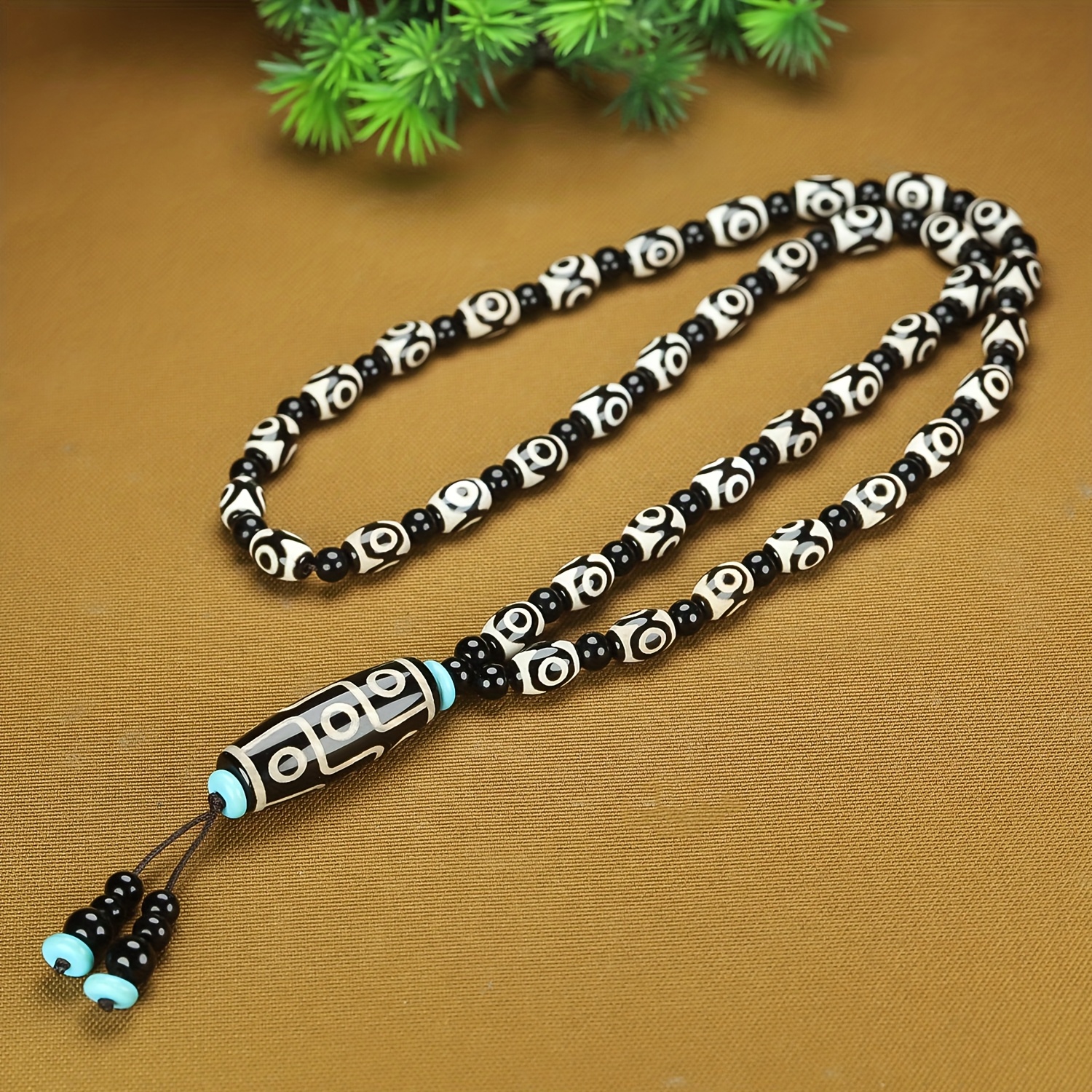 TEMU Authentic Tibetan Black And White Nine-eye Dzi Bead Agate Necklace For Men And Women