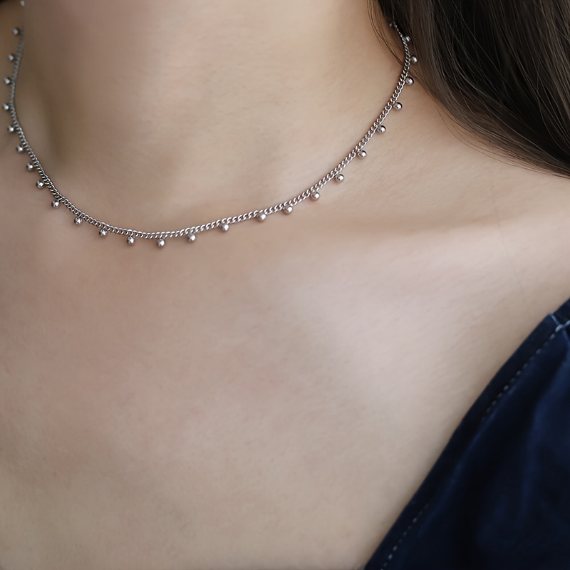 TEMU Golden Bead Necklace Collarbone Chain, Rice Grain Stainless Steel Plated 18k - Lace-like Small Golden Bead Necklace, High-end Layered European