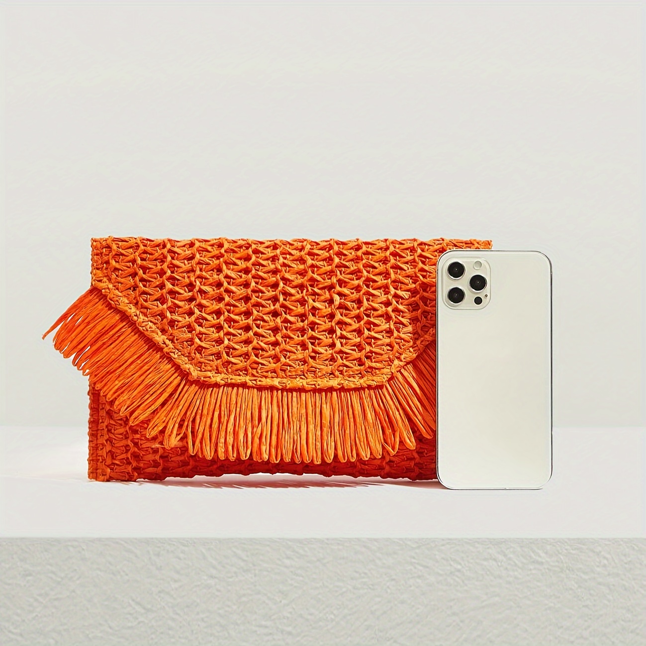 TEMU Bohemian Style Woven Paper Straw Clutch, Vibrant Orange Cosmetic Pouch, Summer Beach Accessory