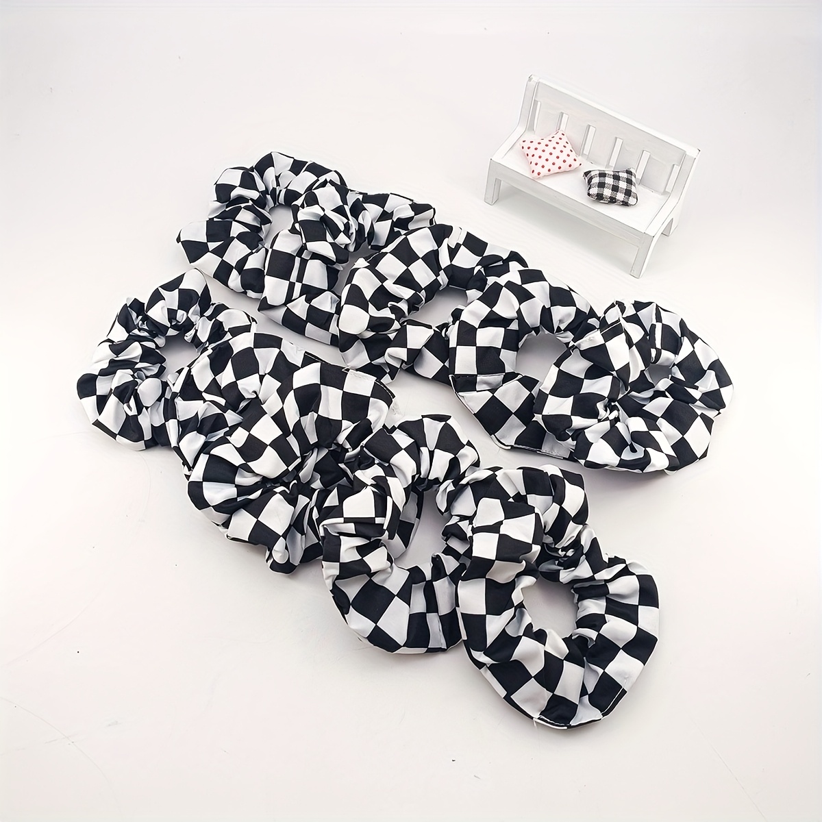 TEMU 5/10pcs Of Large Hair Ties In Black And White Checkered Fabric