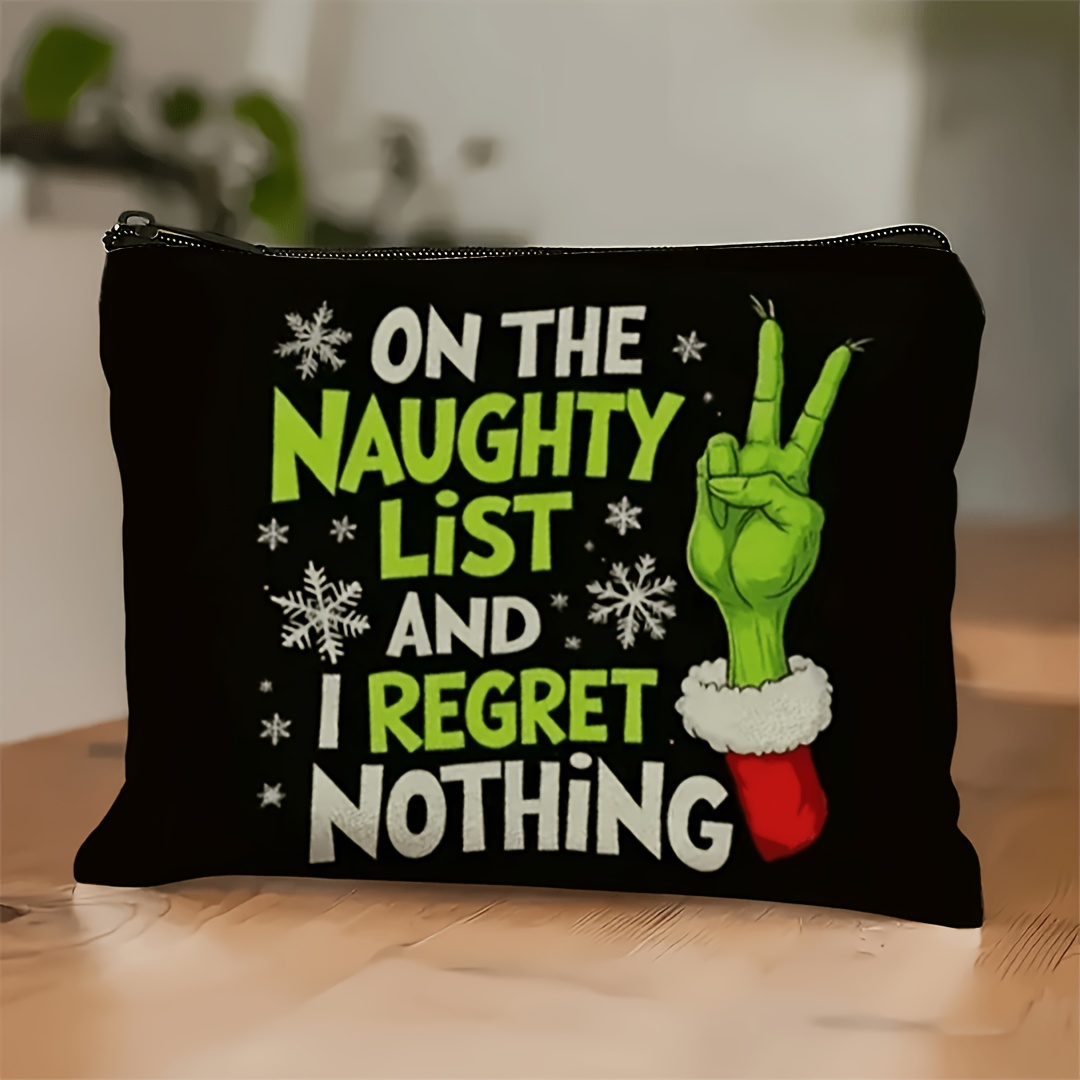 TEMU Lot de 1, Trousse de maquillage de Noël sur le thème du noir vibrant avec motif vert peint à « Malheureusement comme garçon », Organisateur de