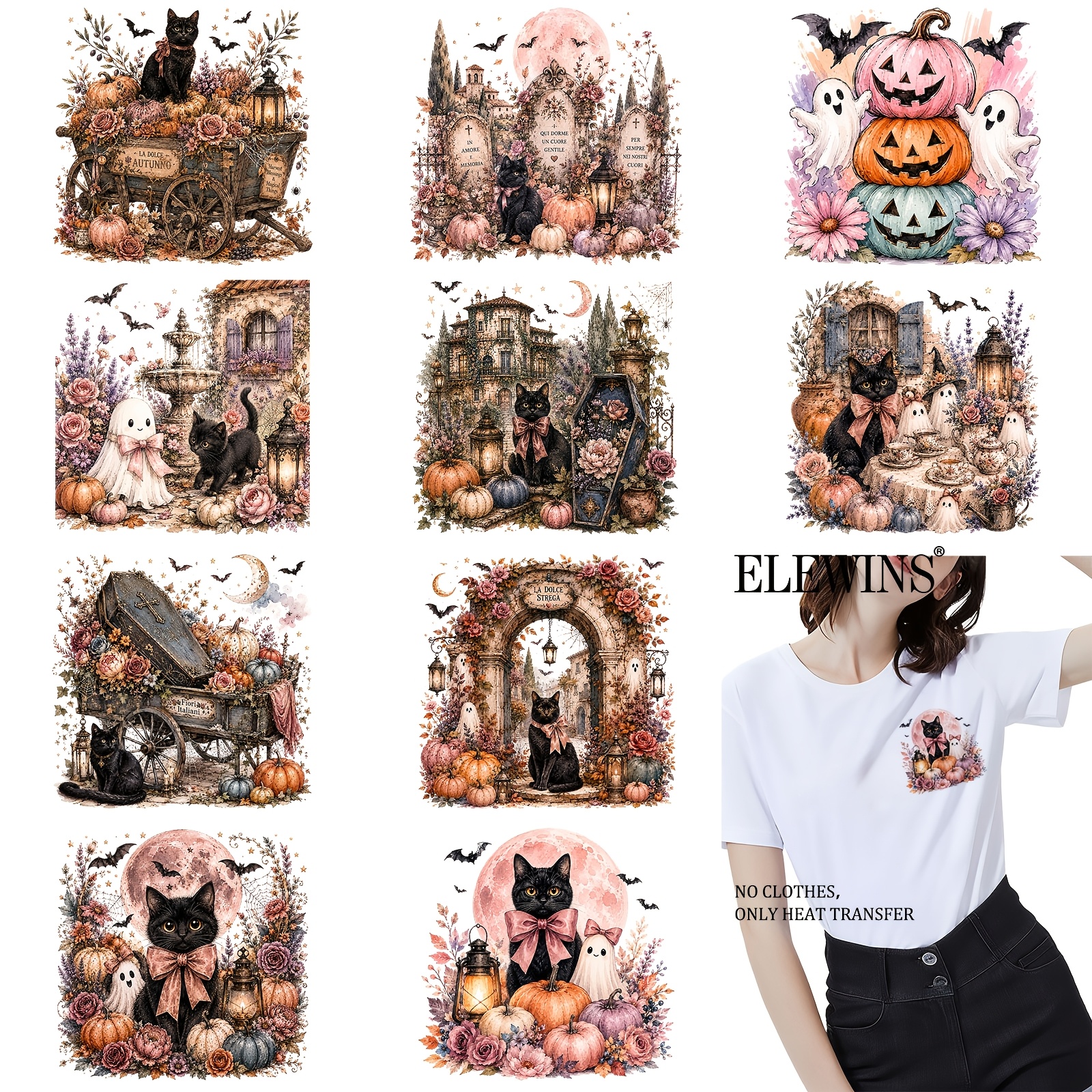 artikel foto 12 vellen vintage halloween kat   strijkapplicaties, dtf transfers   om te strijken. ideaal voor t-shirts, hoodies, jeans, rugzakken en kussens, machine wasbaar plastic, feestelijk cadeau idee