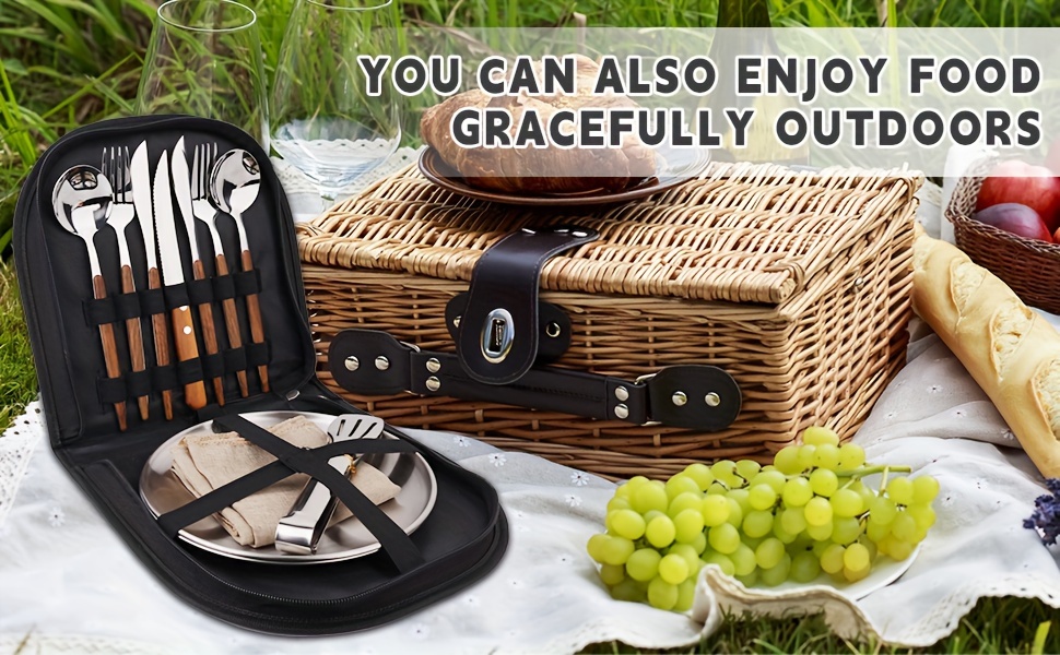 new wood grain handle tableware mess kit cutlery for 2 dinnerware set 12pcs stainless steel utensils set with plate spoon fork serrated knife cloth napkins for 2 backpacking outdoor hiking picnic Product details 0