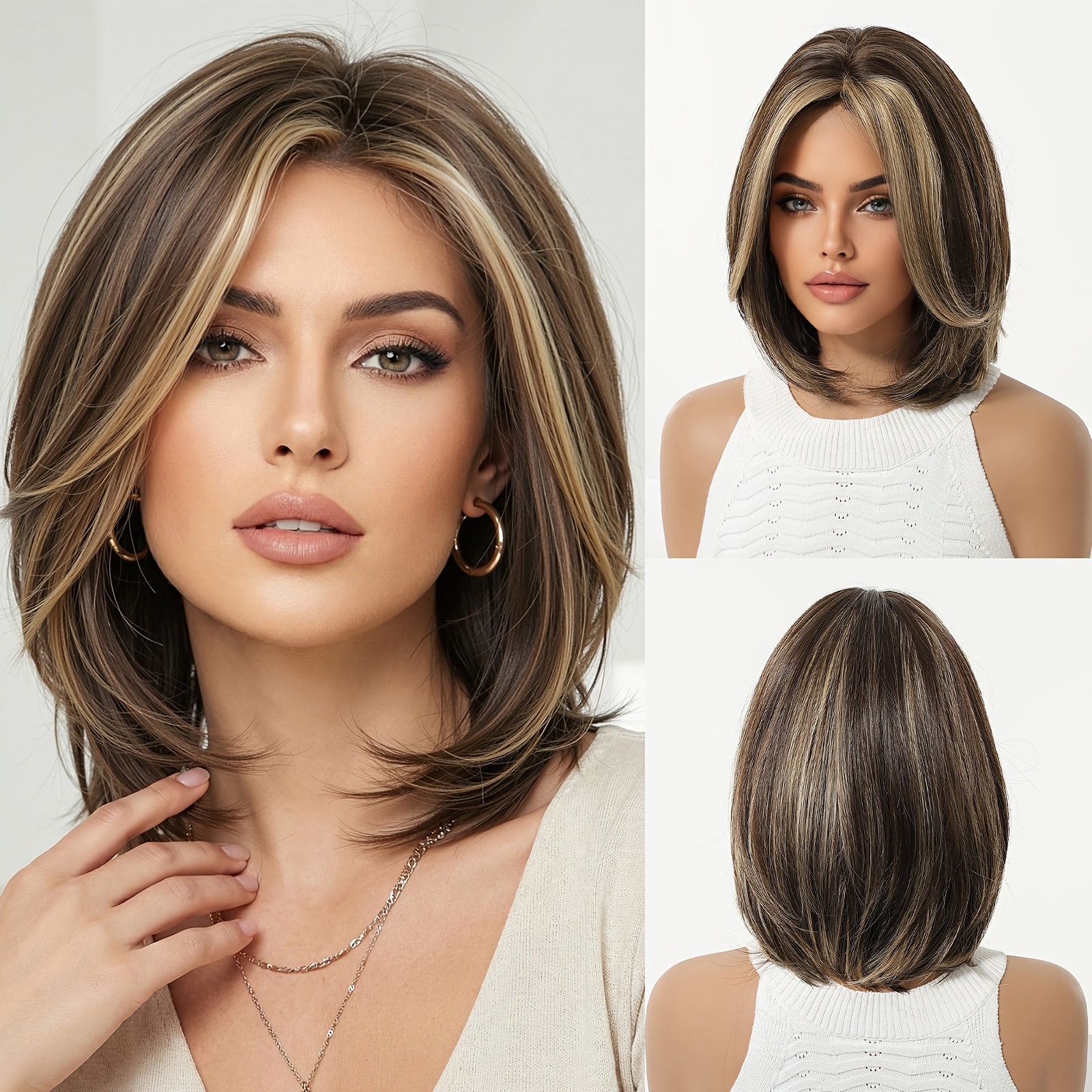 E-shop 10 Zoll Perücke mit Rosennetz, kürzbarer Perückenhaube, in Kaffeebraun mit weißen goldenen Strähnen. Elegant geeignet für den , Arbeit, Schule,