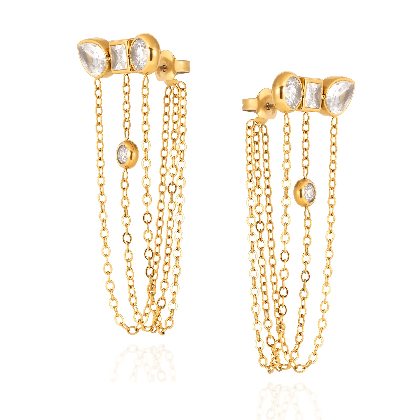 TEMU 1 Pair Of Stainless Steel Women's Stud Earrings, Shiny 3a Zirconia Bohemian Tassel Earrings With Real Gold Plated, For Daily Wear, Fashionable