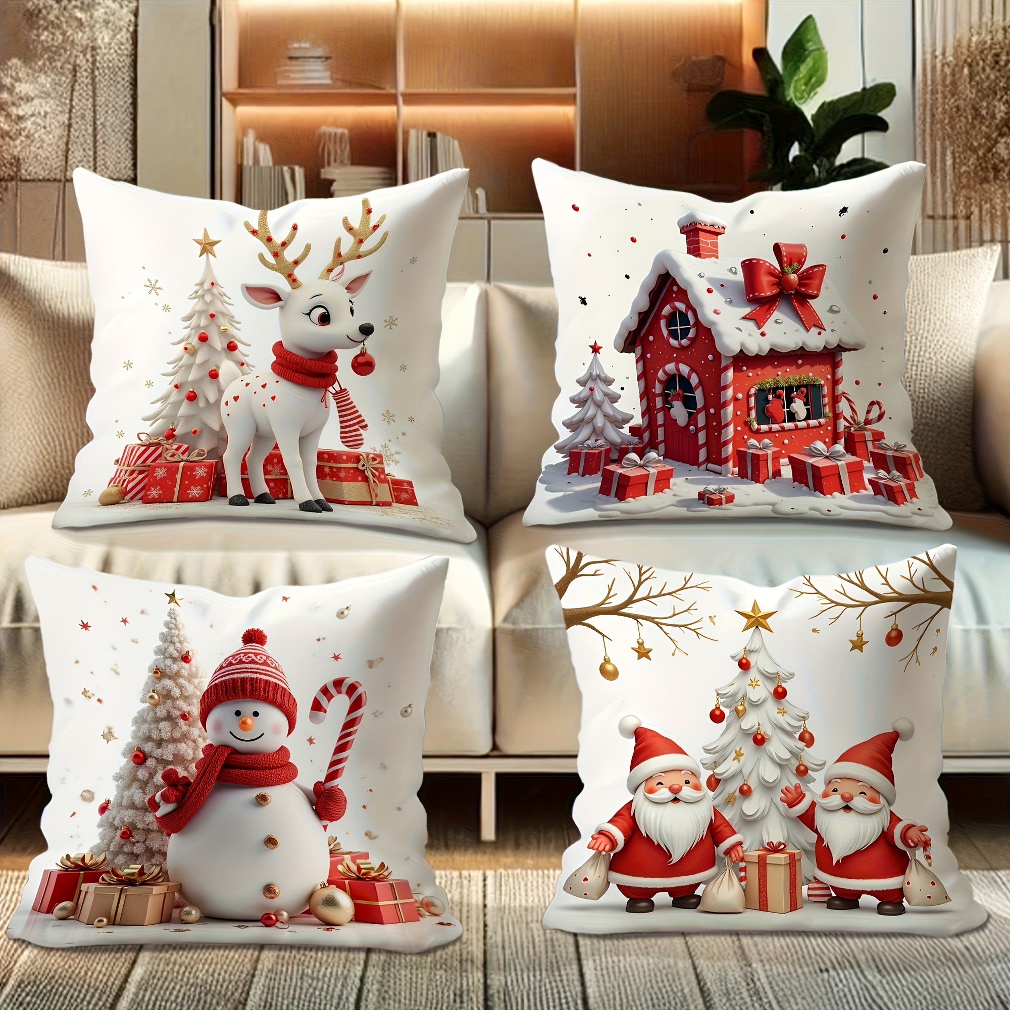 TEMU 4pcs Red White Christmas Throw Pillow Covers Double-sided Printed Cartoon Reindeer Snowman Santa Gingerbread House Pattern, Zipper Closure