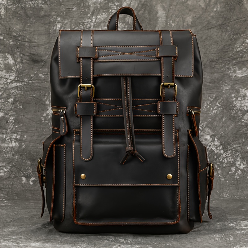 vintage leather travel backpack 17 business laptop bag men  display picture 2