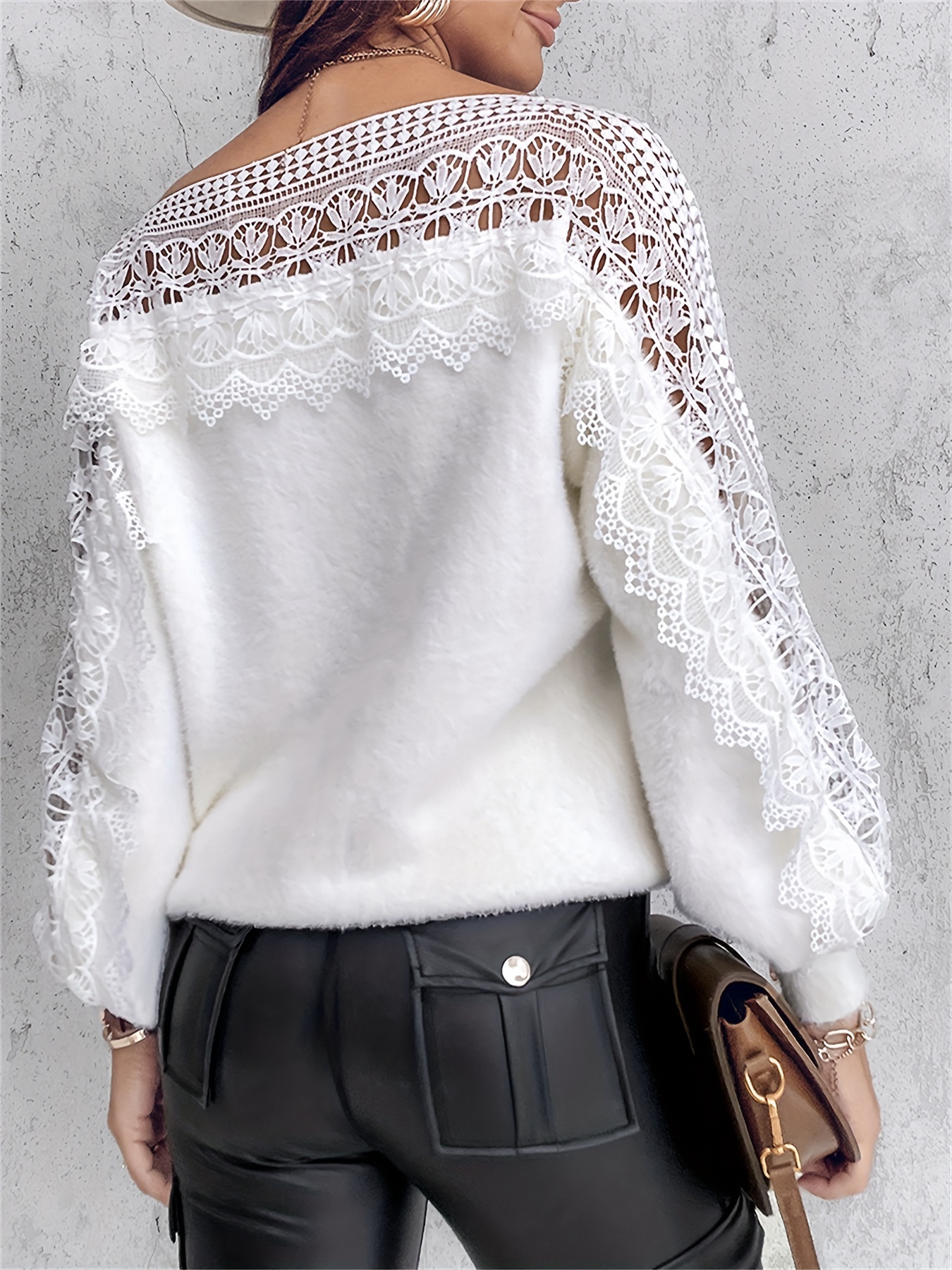 lace splicing crew neck pullover sweater casual long sleeve hollow out knitted sweater for fall spring womens clothing
