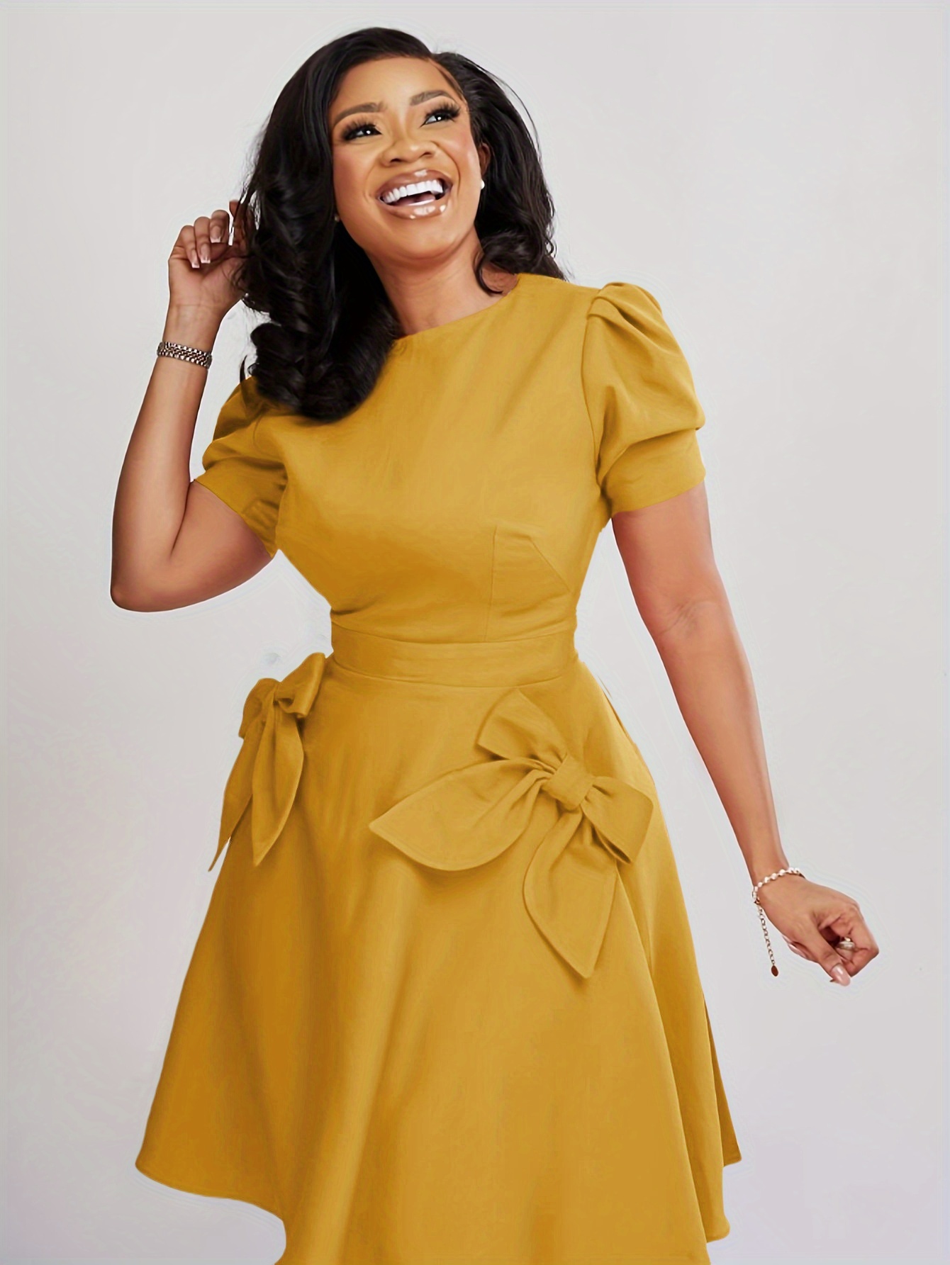 2026 Spring/Summer New Stylish Bow Work Dress for Women, Featuring Puff Sleeves And a Round Neck, in a Solid Color, Tailored for a Fitted Look