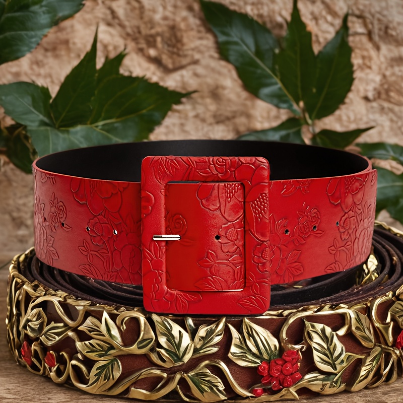Vintage Red Embossed Wide Belt for Women Adjustable Waistband