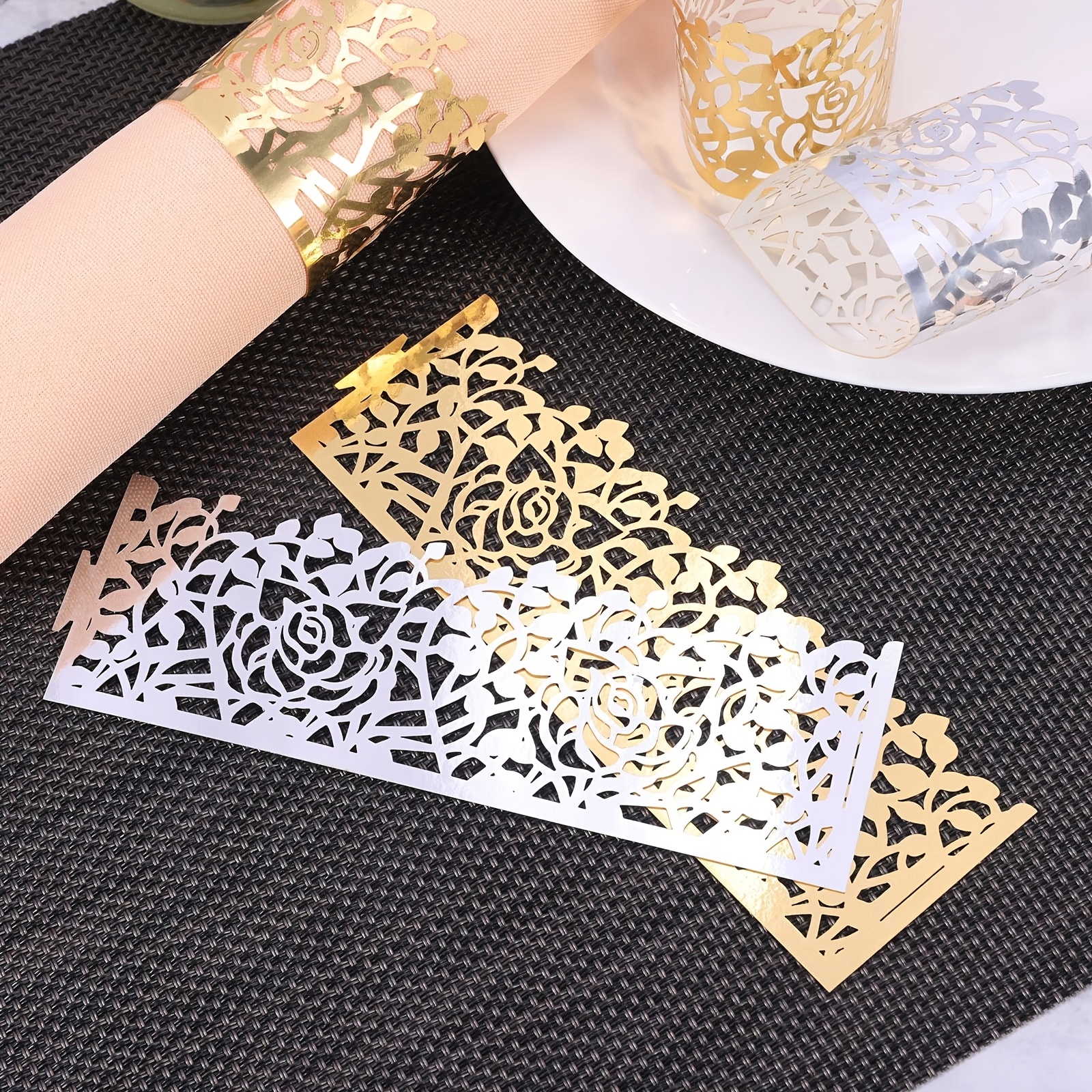 

Of Vines And Roses, Disposable Napkin Ring, Golden Silvery Foil Picnic Party Christmas New Year Wedding Thanksgiving