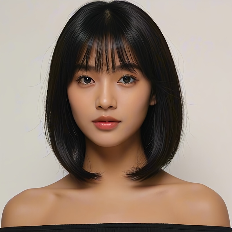 

Elegant 12-inch Short Bob Wig With Bangs For Women, Heat-resistant Synthetic Hair, Straight Cut, Daily Use & Parties - Chic European & , Wig|sleek Straight Hair|synthetic Hair Wig, Wig Accessories