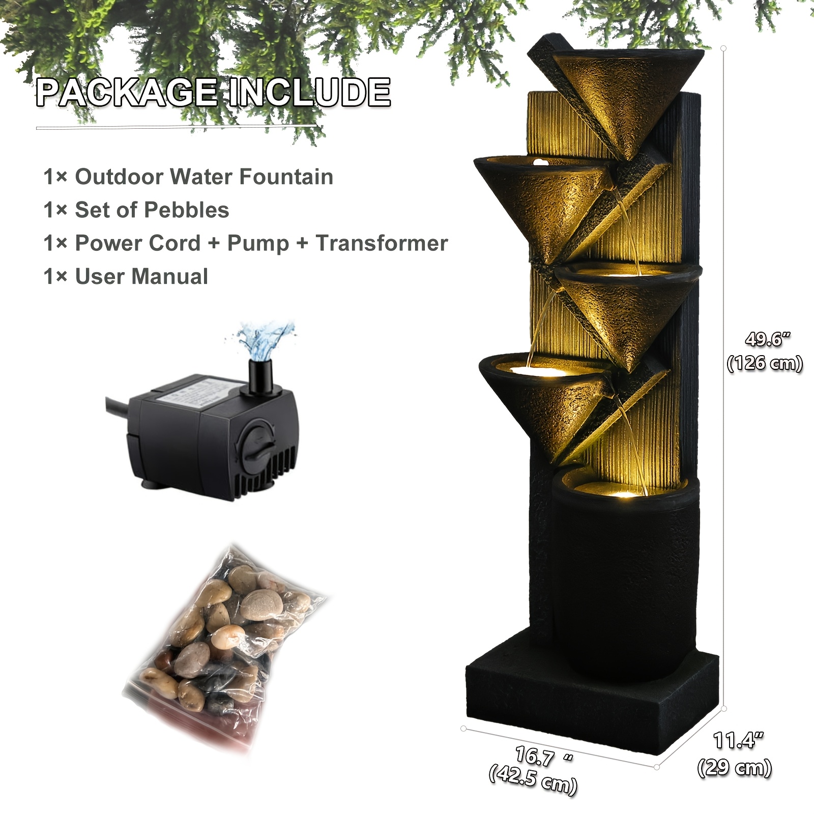 1pc Large 49.6-Inch Tiered Bowl And Light Outdoor Water Feature Fountain, Creates A Tranquil Oasis for Outdoor Living Spaces, Suitable for And Landscapes, Patios, Balconies, Lawns.