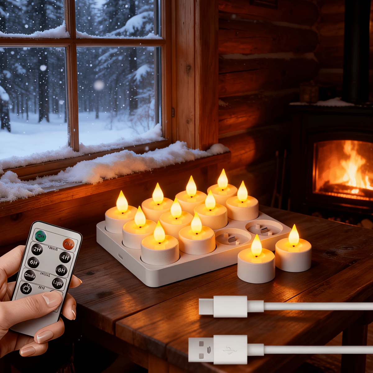 TEMU Lot de 12 bougies chauffe-plat LED, avec une base de chargement et une télécommande minuterie ; bougies électroniques flamme, parfaites pour