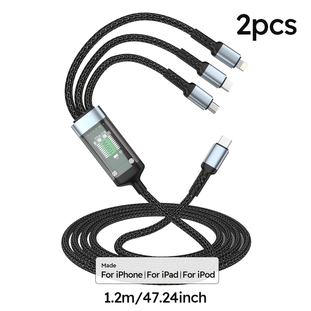 TEMU Mpatiby 1.2m/2m 2pcs 3-in-1 Usb-c Fast Charging Cable With Type-c, Micro Usb, Port Compatible With Multiple Devices, A Line, Easy To Carry