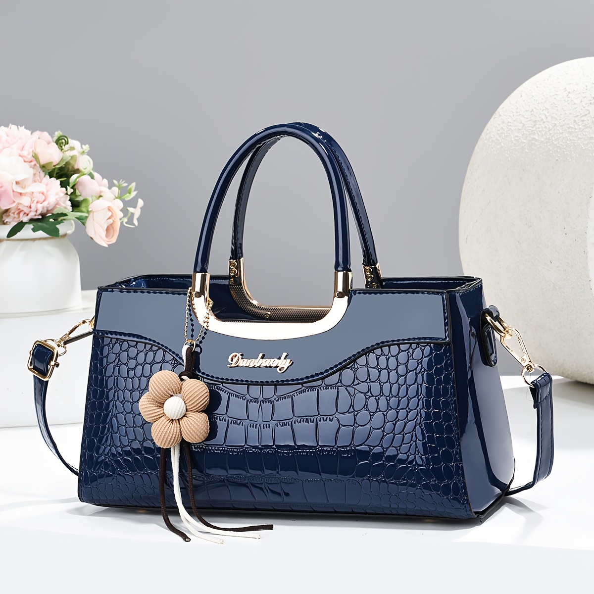 TEMU Women's Crossbody Bag Glossy Crocodile Pattern Pu Commuter Handbag Versatile Middle-aged Mom Single-shoulder Bag For Daily