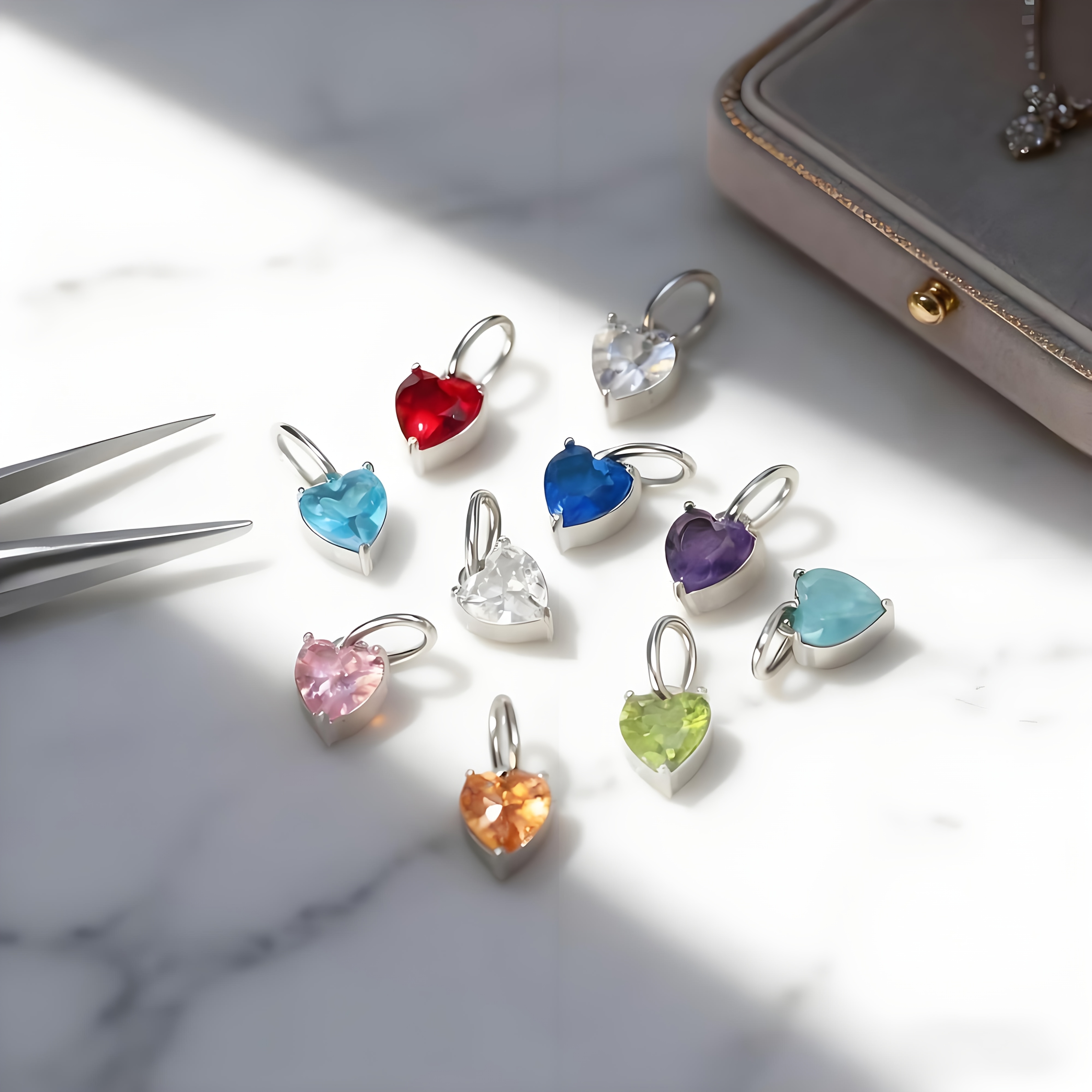 12pcs Elegant Stainless Steel Heart Synthetic Zirconia Pendants for DIY