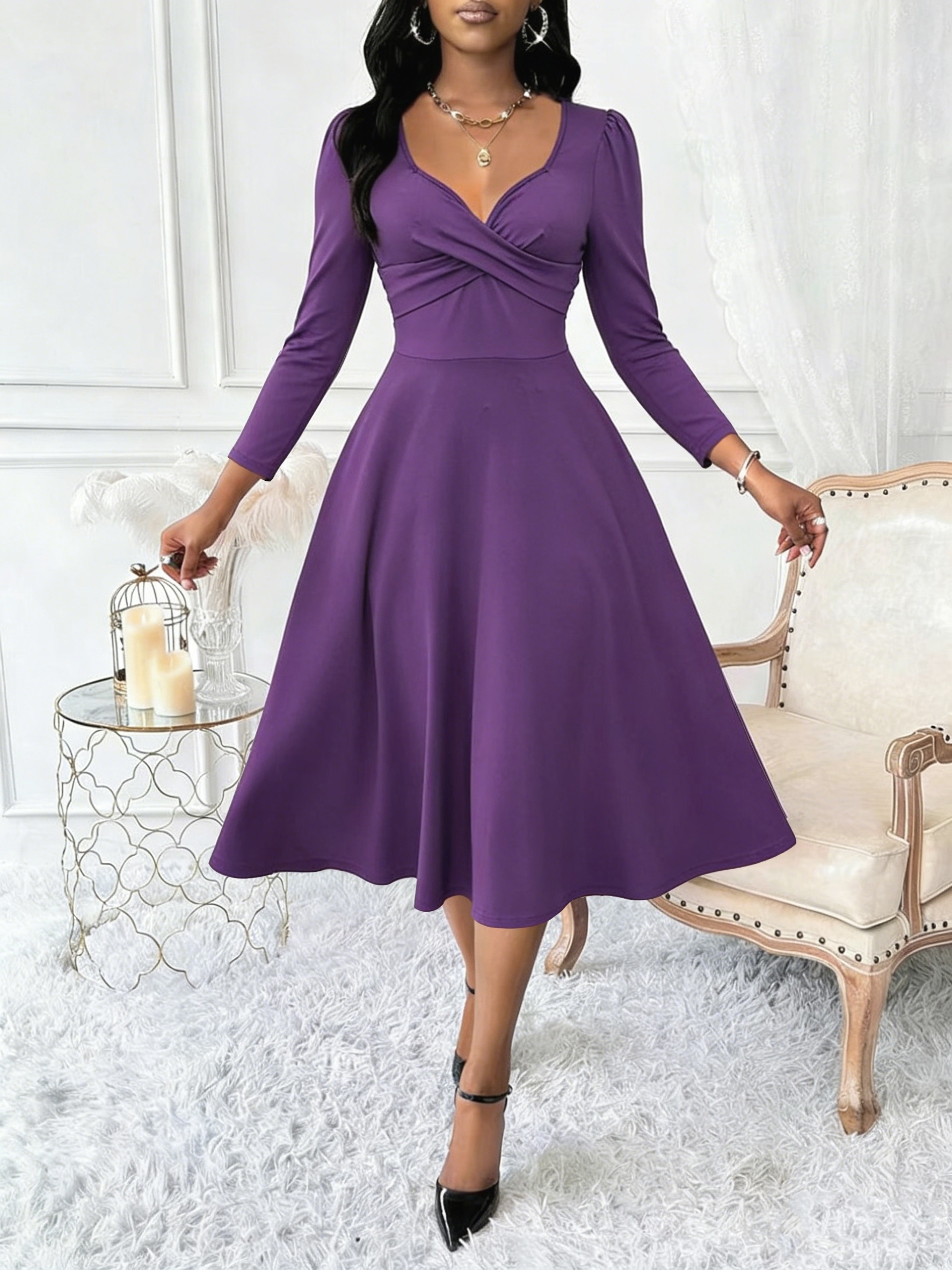 Women's Dress Solid Color V-neck Three-quarter Sleeves Elegant Fashionable  Comfortable Trendy Suitable for Parties and Evening Banquets