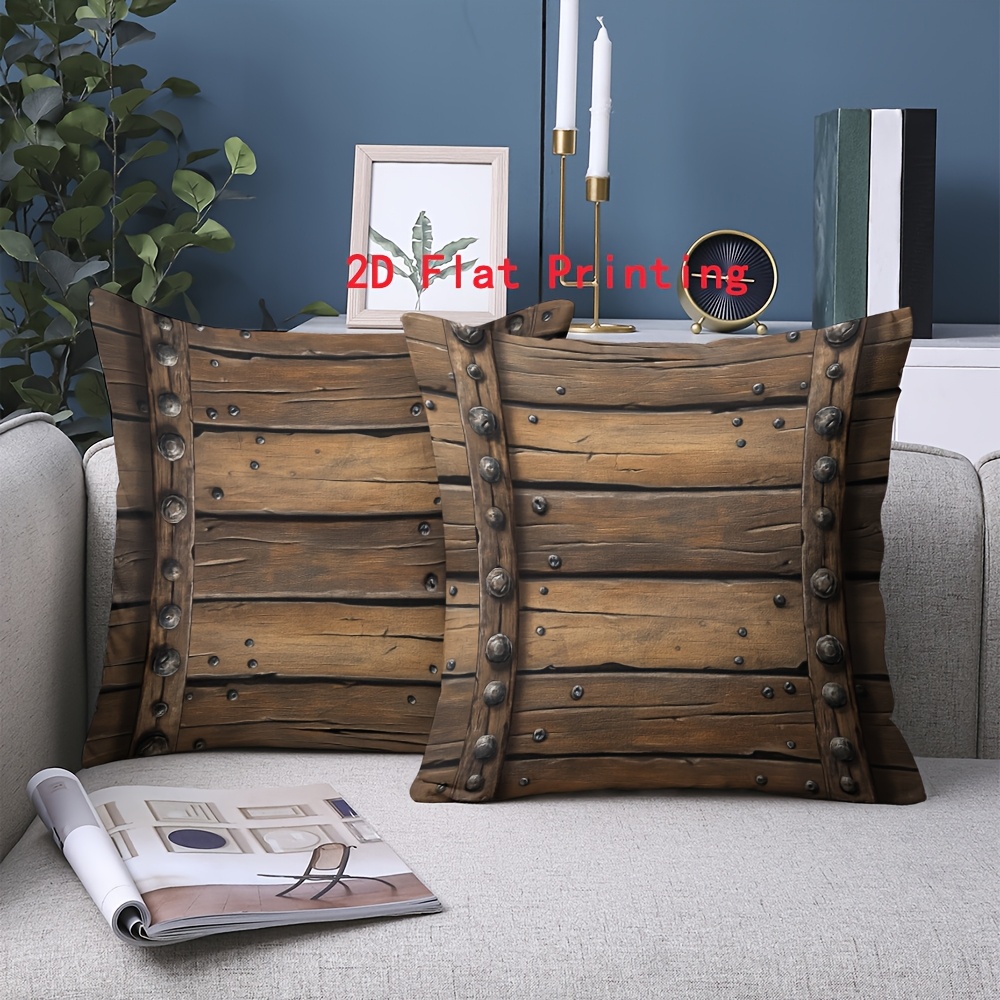 TEMU Lot de 2 housses de coussin 18 po x 18 po, impression 2D à plat, style simple, texture bois avec rivets vintage, convient pour chambre, bureau,