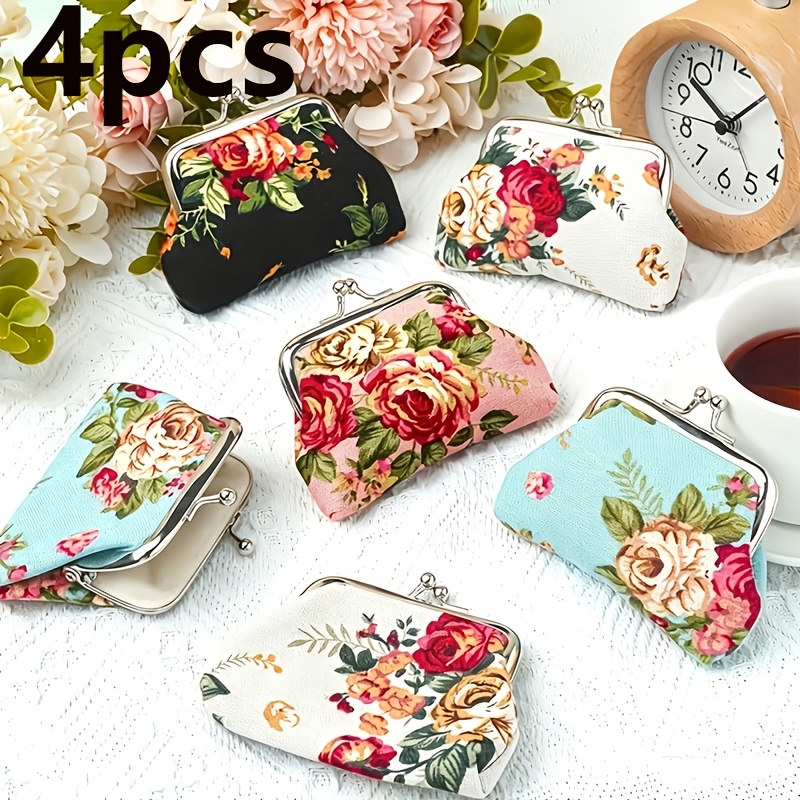 TEMU 4pcs Porte-monnaie et pochette pour filles, couleurs aléatoires, portefeuille à fleurs frais et , peut contenir des pièces, des rouges à lèvres
