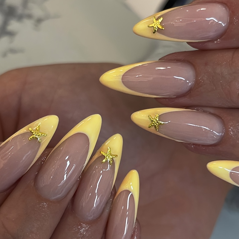 Image of 24pcs Almond Shape Press On Nails Yellow Nail Tips Fake Nails 3d Golden Starfish Design Press On Nails Equipped With 1pc Of Jelly Glue And 1pc Of Polishing And Rubbing Suitable For Women And Nails