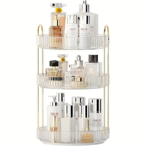 360 rotating 3 tier makeup organizer with golden metal frame large capacity cosmetic and skincare display for vanity or bathroom countertop clear for easy visibility