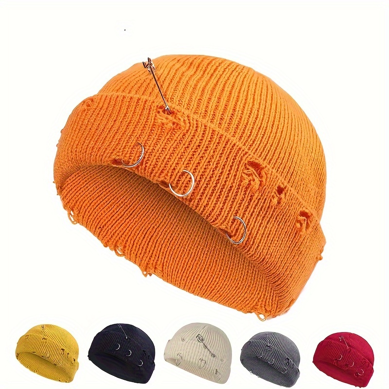 

2-pack Unisex Knit Beanie Hats With Iron Rings & Safety Pin, Hip Hop Street Style Caps, Casual Outdoor Cap, 1 Size Fits Most