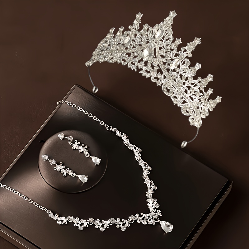 TEMU Parure 4 pièces nouvelle princesse reine avec couronne, collier et boucles d'oreilles en strass, accessoires pour cheveux de mariée pour fête de