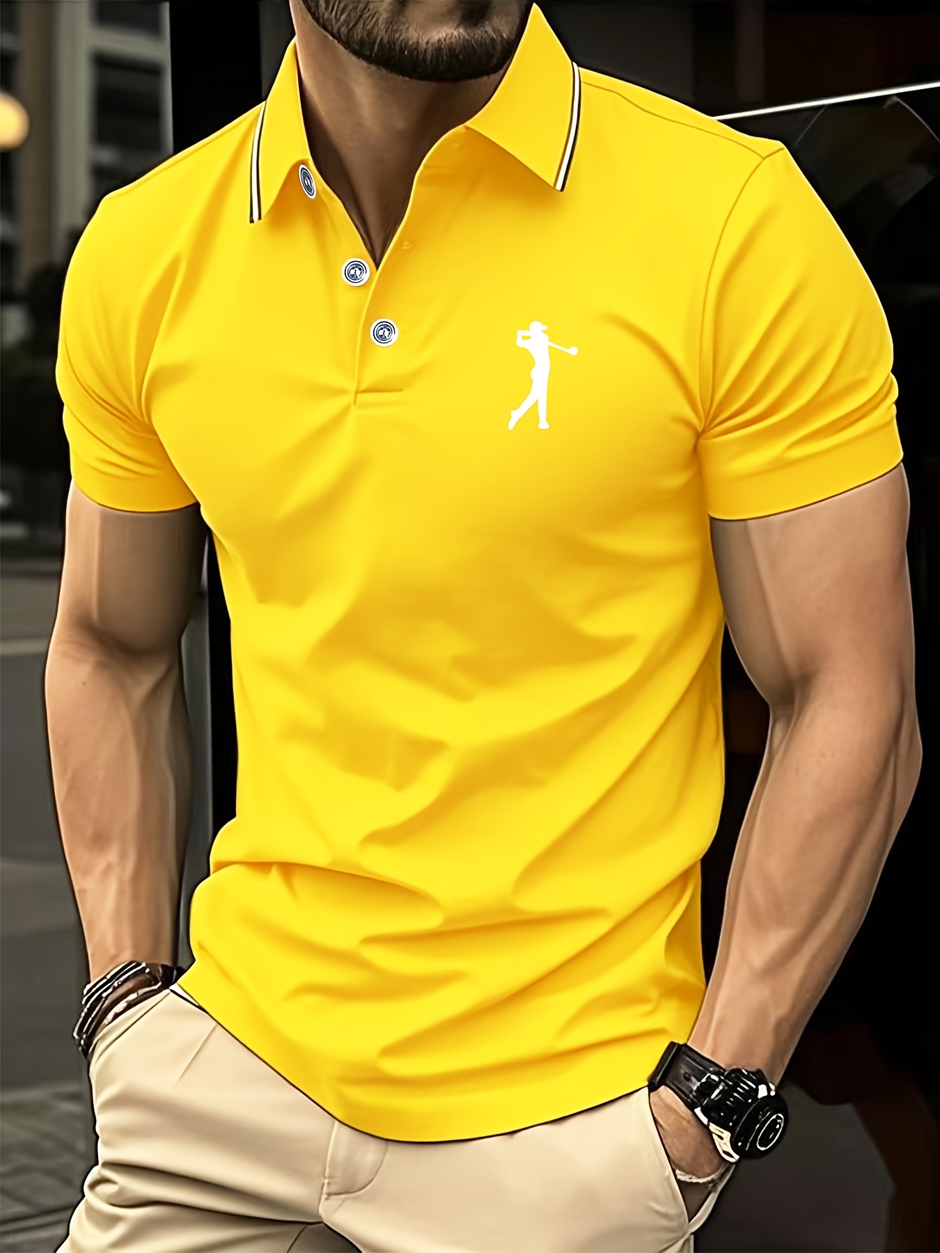 Men's Short Sleeve Shirt - White with Red Golf Print, Striped Collar & Cuffs, Breathable Summer Golf & Casual Wear, Machine Washable Regular Fit, Durable Fabric