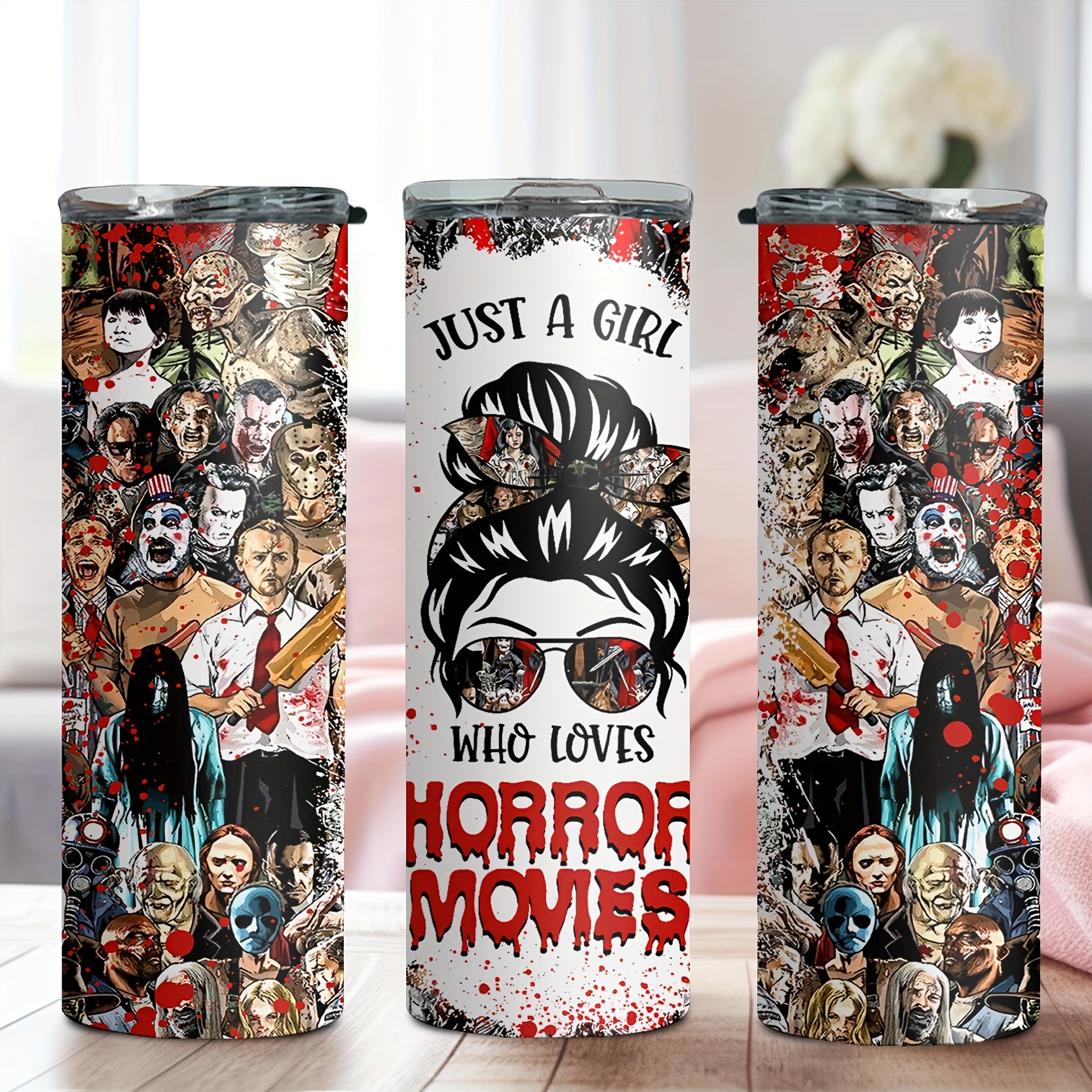 

1pc, Horror Movie Character With Lid And Straw, 20oz Stainless Steel Water Bottle, Insulated Straight Water Cups, Drinkware, Accessories