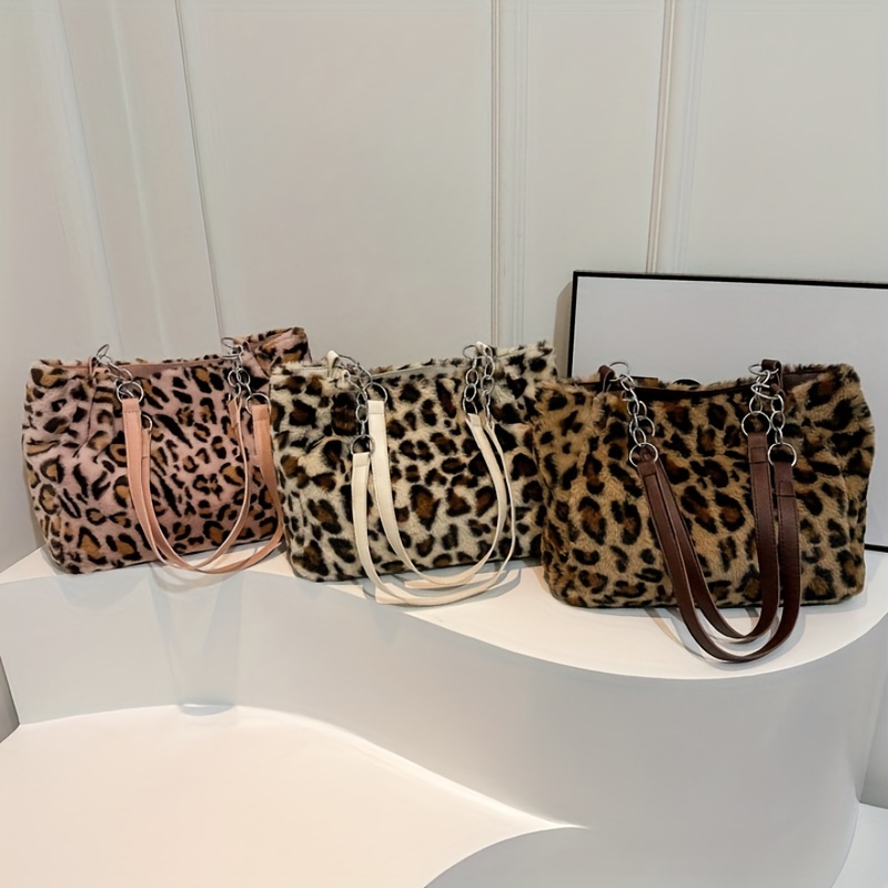 

Chic Leopard Print Plush Tote Bag With Chain Strap - & Stylish Shoulder Handbag For Women, Faux Fur