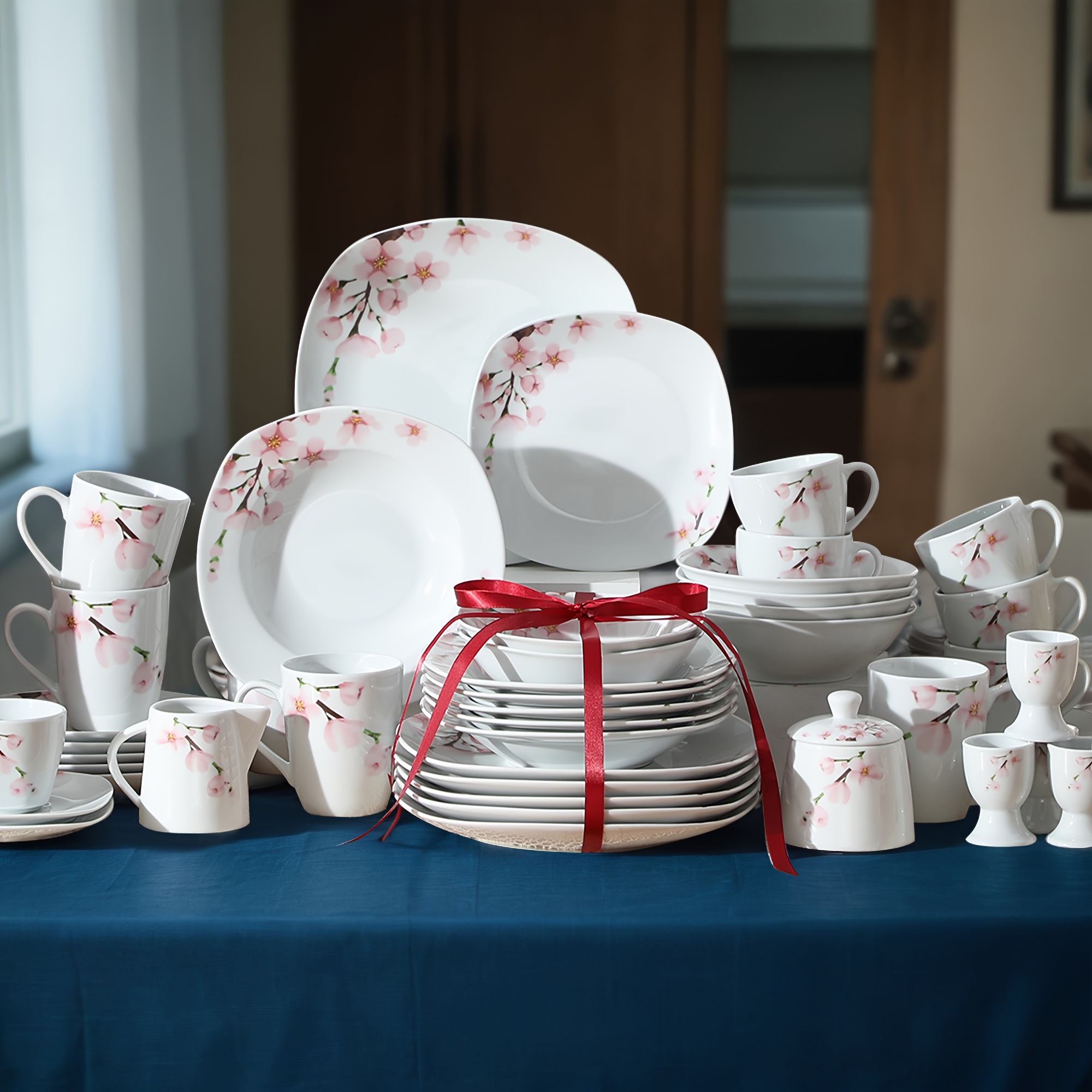 TEMU 50pcs Porcelain Dinnerware Set For 6 - White & Pink Flower Square Plates, Bowls, Mugs & Serving Pieces - Dishwasher & Microwave Modern Tableware
