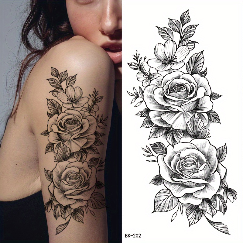 Black And White Rose Sleeve Tattoos For Girls