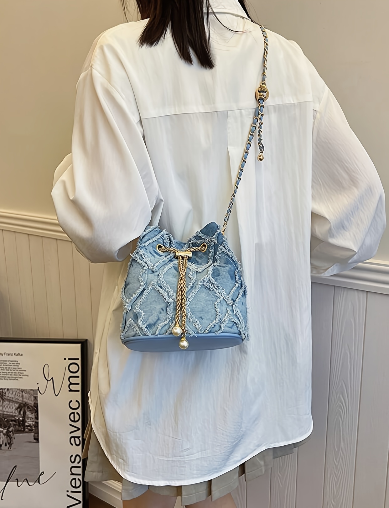 chic denim style bucket bag with faux pearl accent metal chain strap spacious crossbody for for shopping dates details 1
