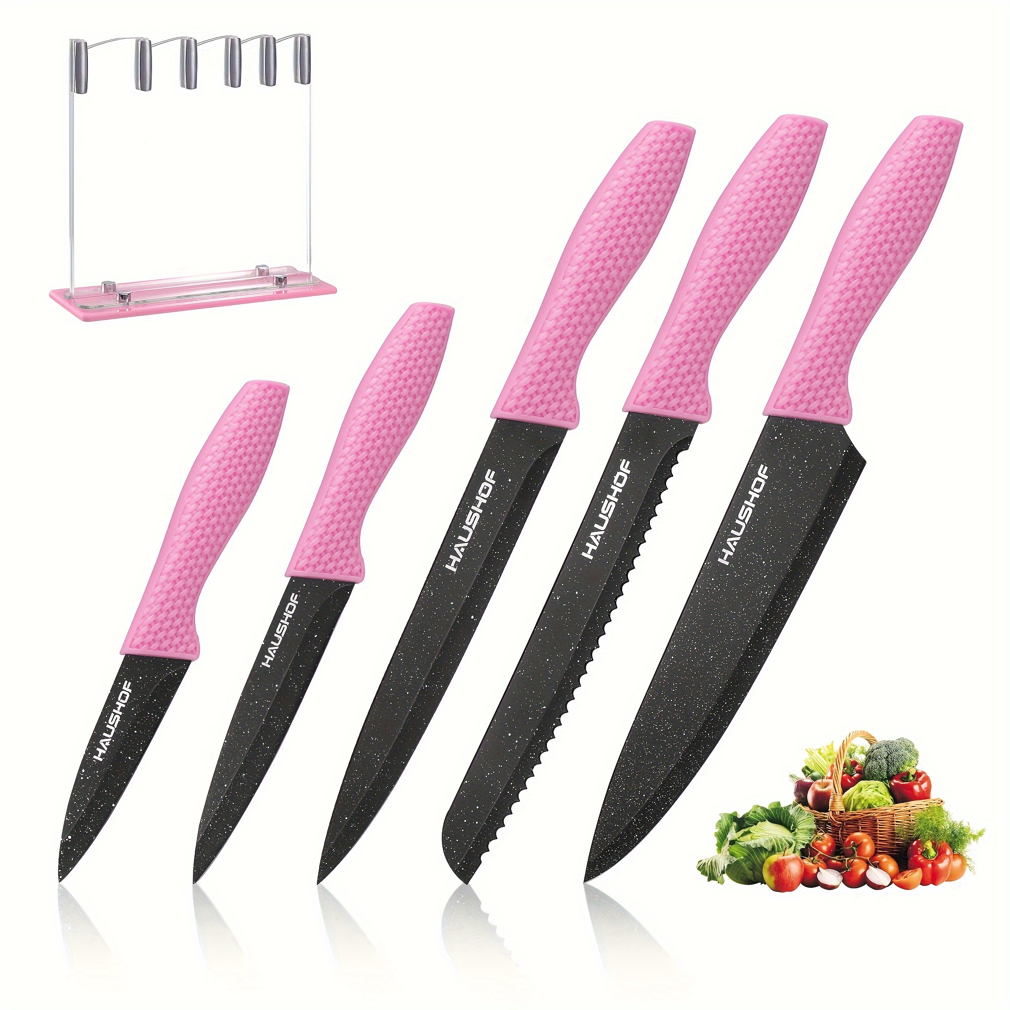 

Haushof Kitchen Knife Set, 5 Pcs With Arcylic Block, Teflon Coated Pink Knives Set For Kitchen, Premium Stainless Steel Knives Set With Ergonomic Handle, Great For Slicing, Dicing&cutting