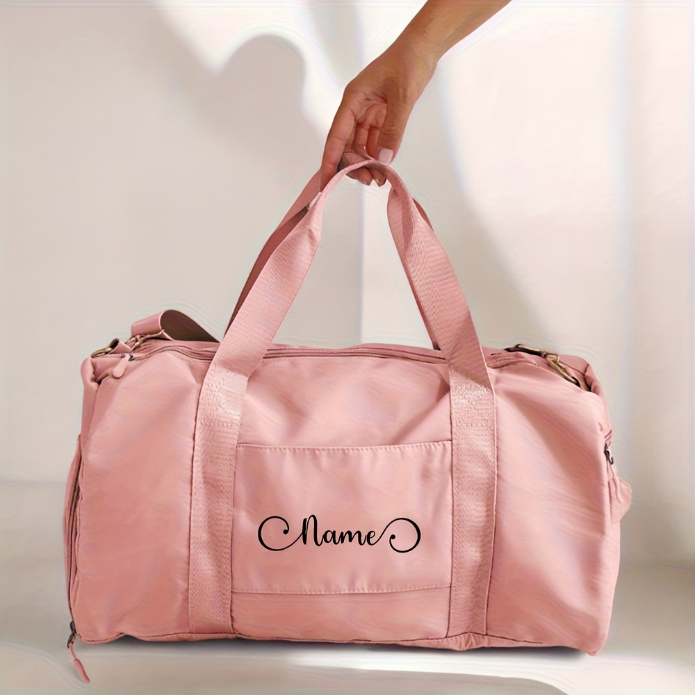 TEMU Customizable Name Travel Duffel Bag - Lightweight Polyester Sports & Yoga Bag With Multiple Compartments, Pink/ivory, Ideal For Gym, &