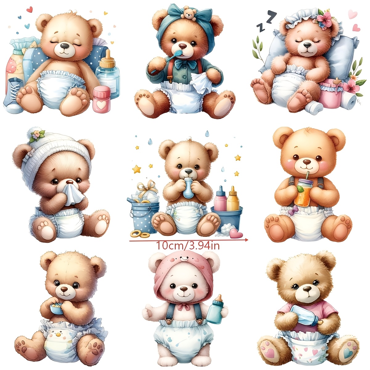 TEMU 9pcs Durable Washable Diy Iron-on Transfers, Cartoon Bear Pattern Colorful Flat Heat Transfer Stickers, Fashion Iron-on Appliques For Clothing,