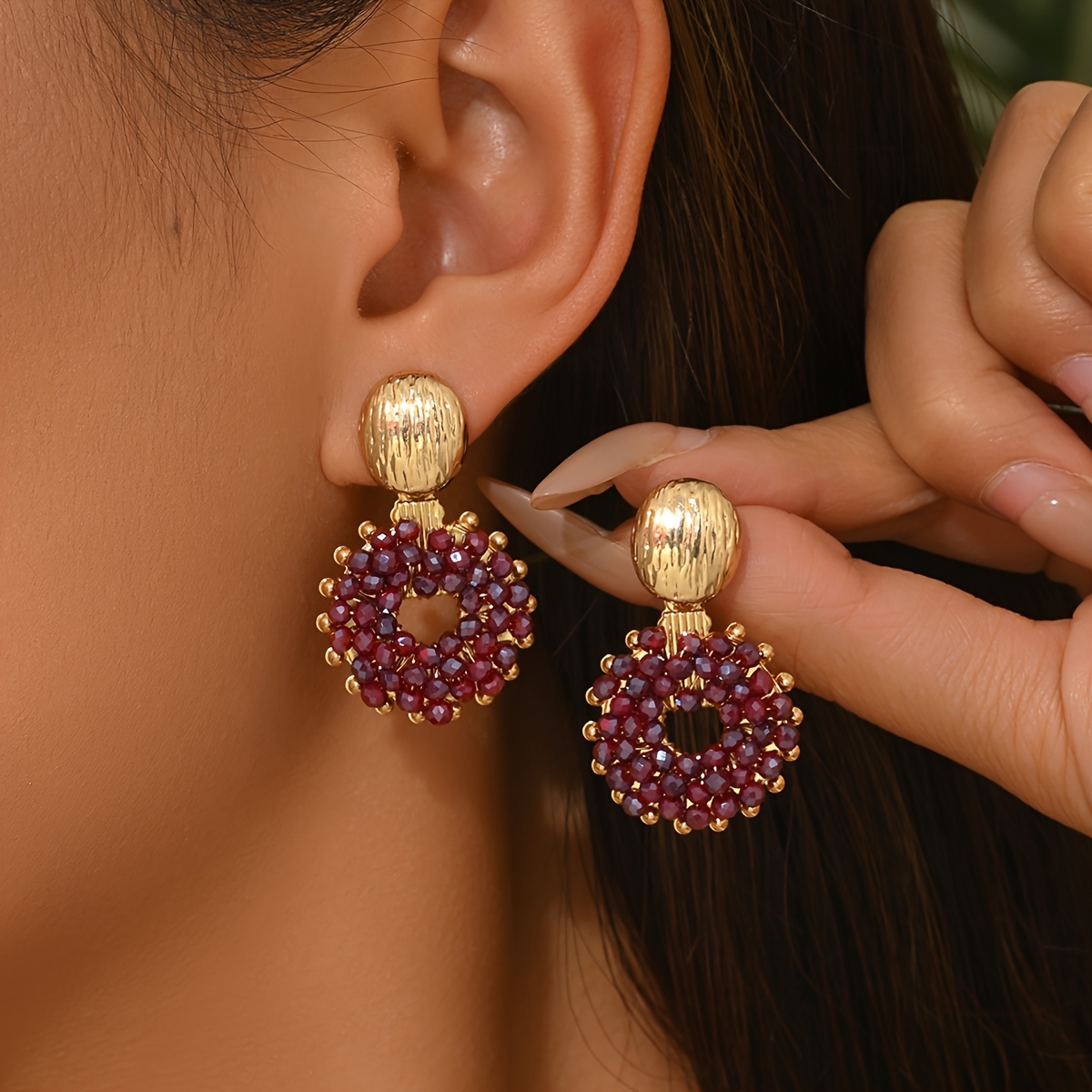 TEMU 1 Pair Of Bohemian Fashion Handmade Beaded Round Button Pendant Drop Earrings, Vintage Exquisite Small Niche Versatile High-end Simple Light