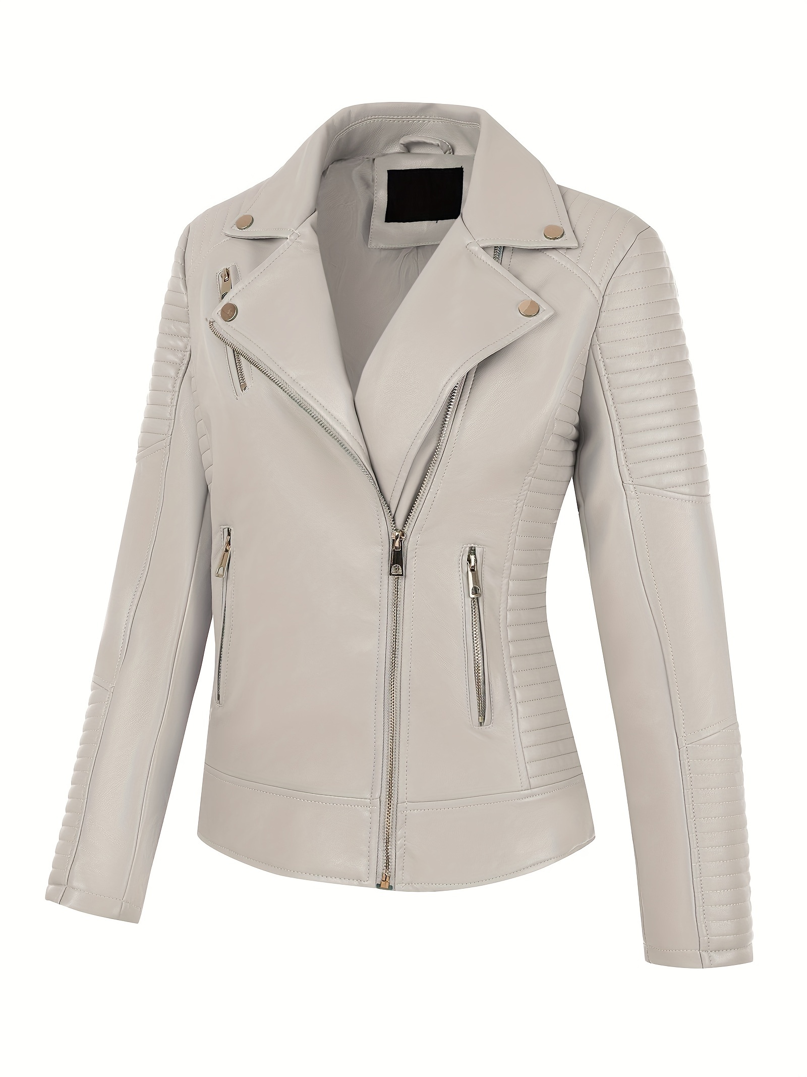 Veste Moto Femme En Simili Cuir PU - Coupe Slim, Manches Longues, Capuche - Beige, Printemps/Automne/Hiver