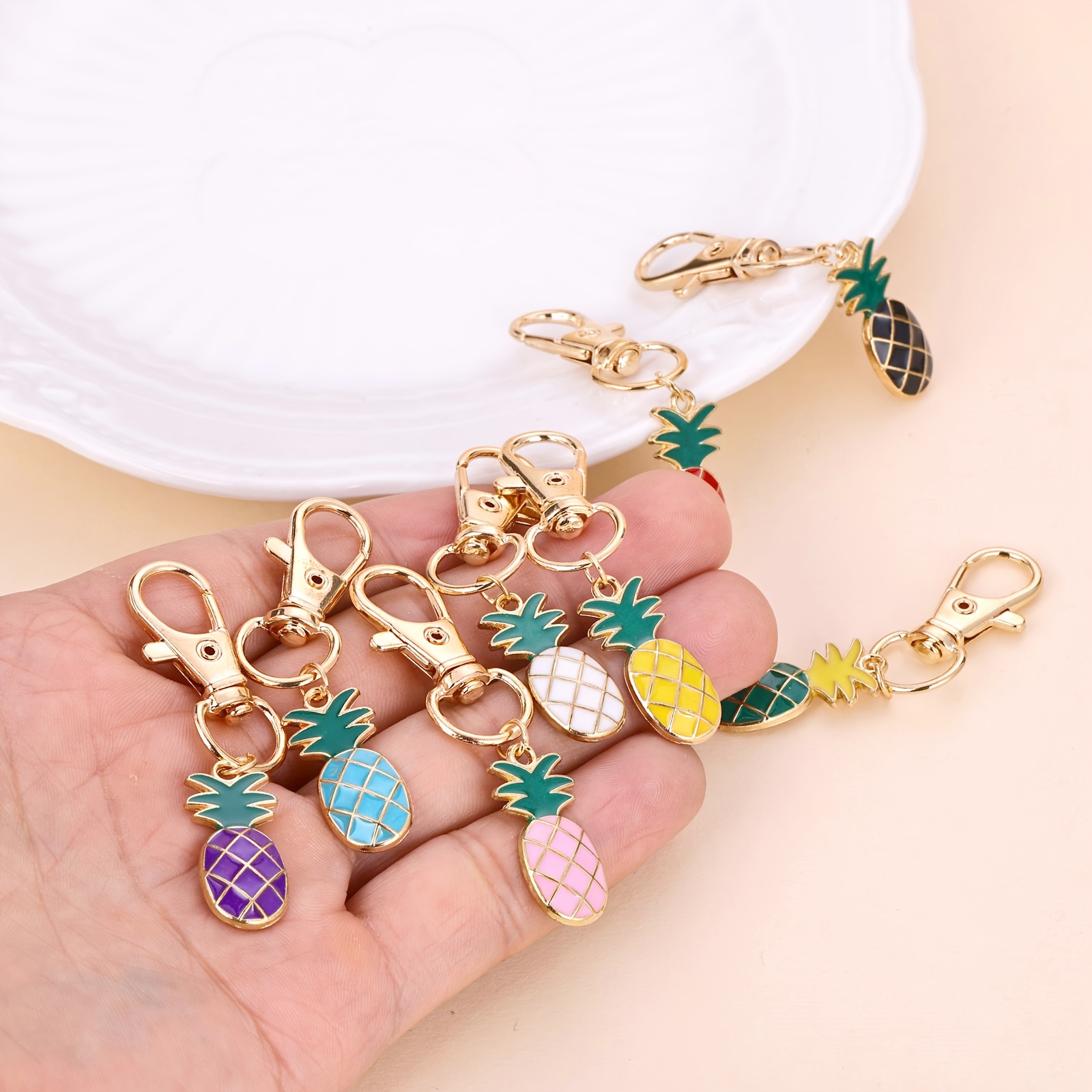 

8pcs Multicolor Enamel Pineapple Charms Set With Rotatable Lobster Clasps - Alloy Keychain & Wallet Accessories For And Crafts, Diy Wallet Making