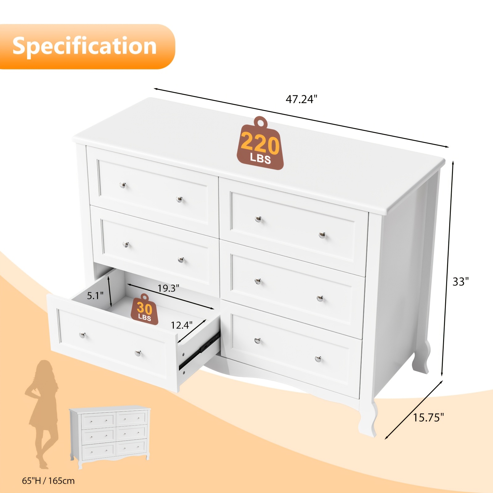 Bonnlo Wood Dresser Chest Of Drawers, Clothes Storage Dressers with Curved Legs And 6 Drawer for Bedroom