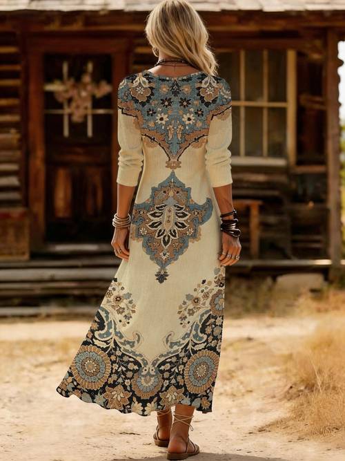womens printed a line dress elegant party and casual wear autumn winter daily and formal occasions full print v neck long sleeve casual dress