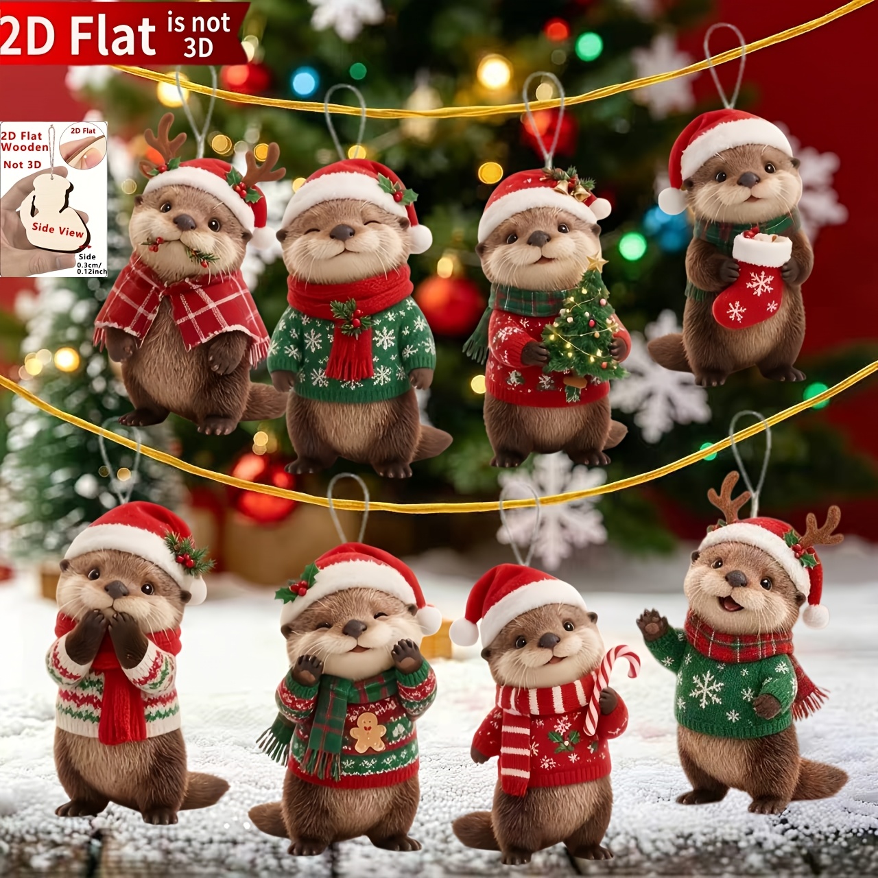 TEMU 2d Flat 8pcs Cute Otter Christmas Ornaments, Classic Holiday Elements Printed Shapes, For Christmas And New Year Decor And Gifts, Suitable For