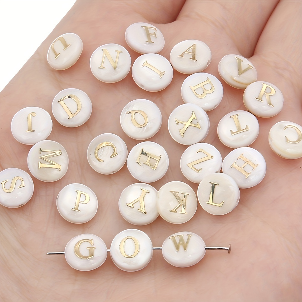 

artisanal Accents" 26-piece A-z Natural Shell Alphabet Beads Set, 8mm Enamel Letters With Straight Holes For Diy Jewelry Making - Perfect For Bracelets & Necklaces