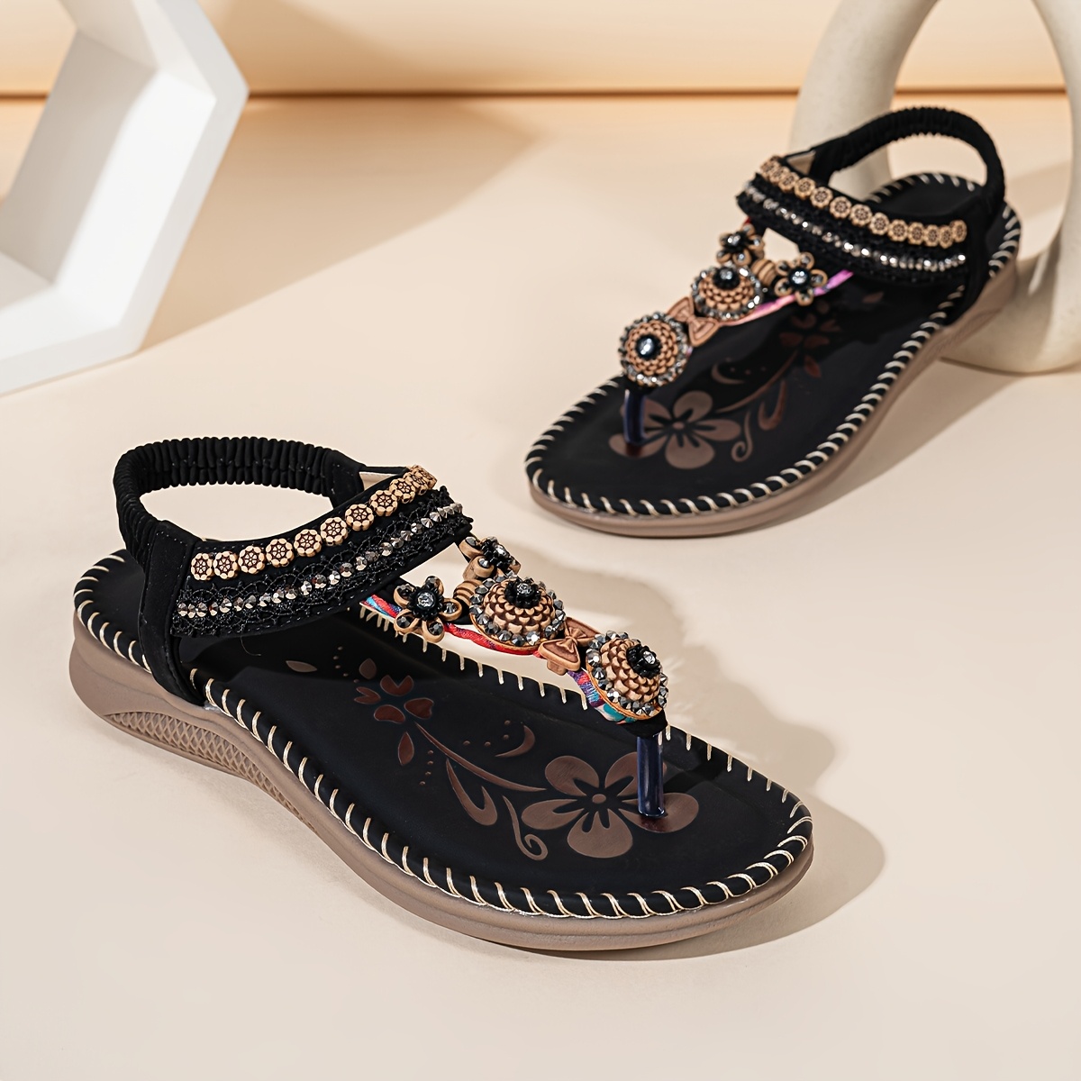 vintage bohemian flat sandals women sparkling embroidery Temu