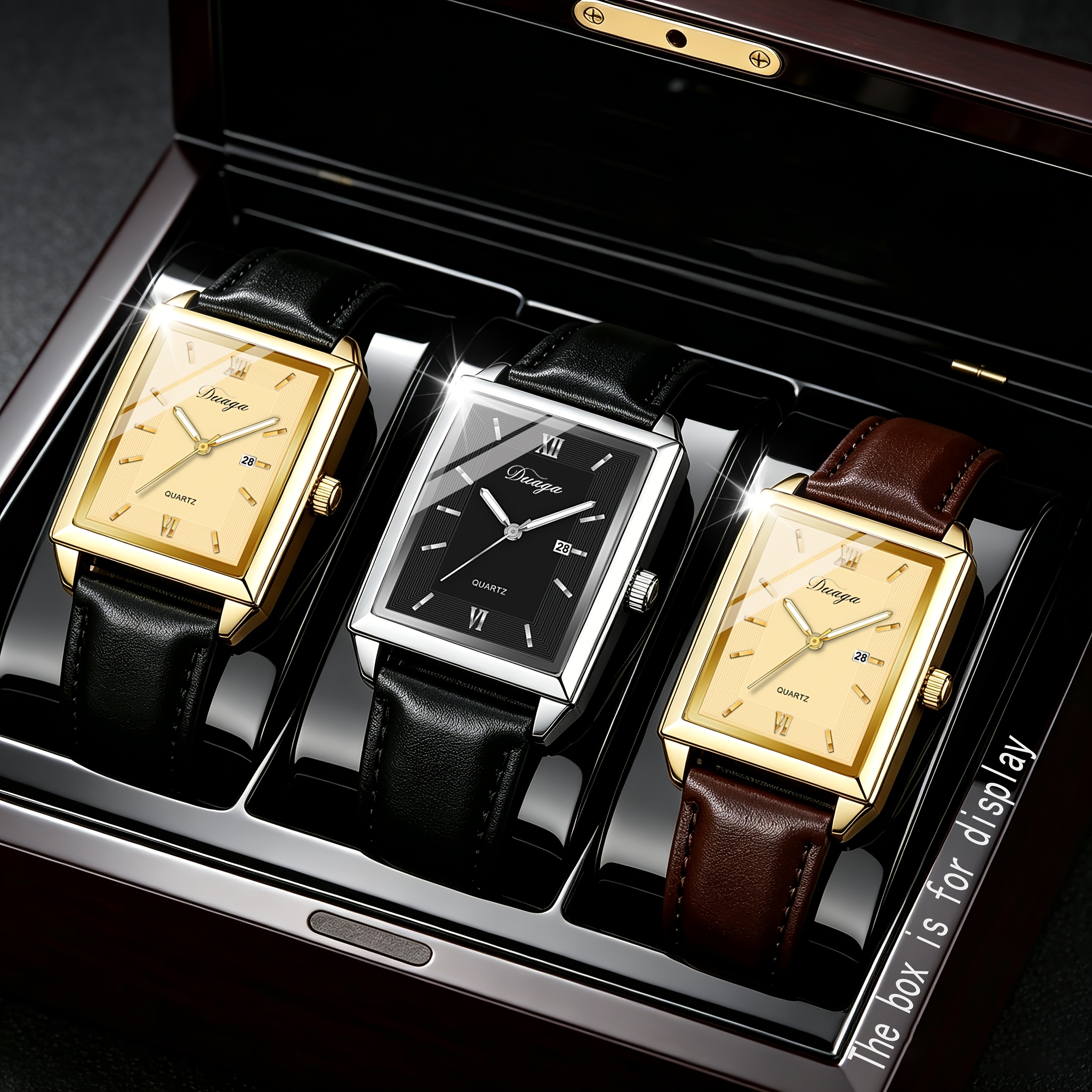 Image of 3pcs Vintage Rectangular Quartz Men's Watch Set, Styles Business Wristwatch, , Minimalist Aesthetic , Suitable For Daily Wear, Golden/silvery Case Watch, Birthday Christmas Father's Day Gift