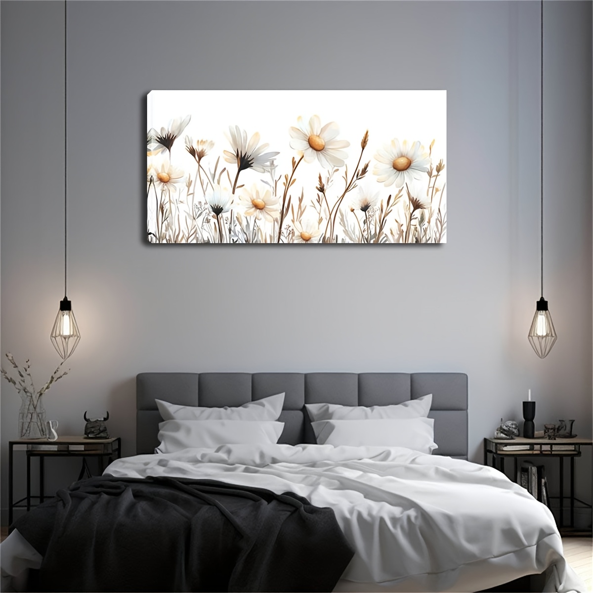 TEMU Large Framed Watercolor Floral Wall Art - Daisies & Wildflowers, 50x100cm, Modern Minimalist Style, Kitchen, Bedroom, Office, And Dining Room